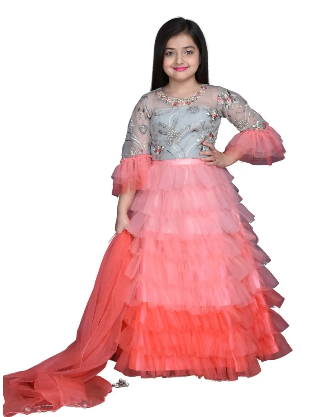 Girls Tomato & Grey Embroidered Ready to Wear Lehenga & Blouse With Dupatta For Girls