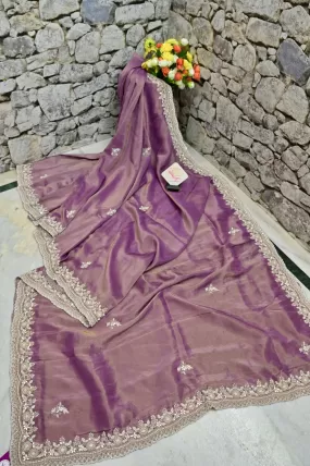 Golden and Violet Dual-Tone Color Tissue Khaddi Georgette Saree with Handwork