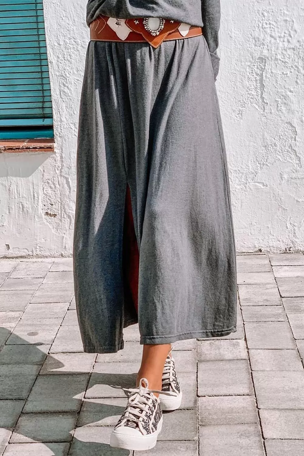 Gray Shirred Off Shoulder Maxi Dress with Split