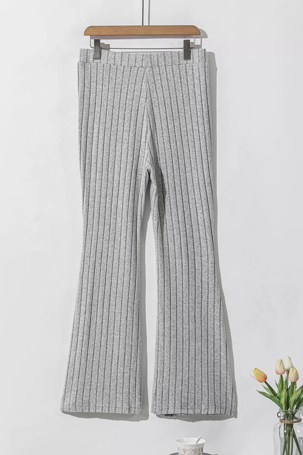 Gray Solid Color High Waist Ribbed Flare Pants