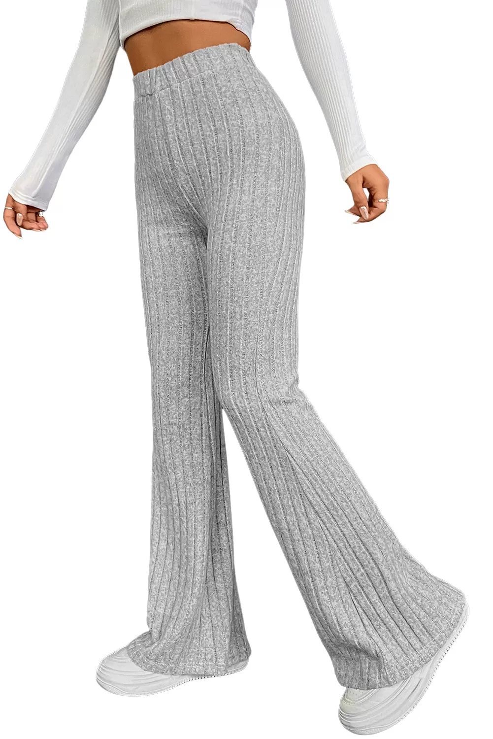 Gray Solid Color High Waist Ribbed Flare Pants