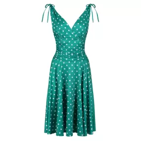 Green And White Polka Dot Print Crossover Top Grecian V Neck 50s Swing Dress