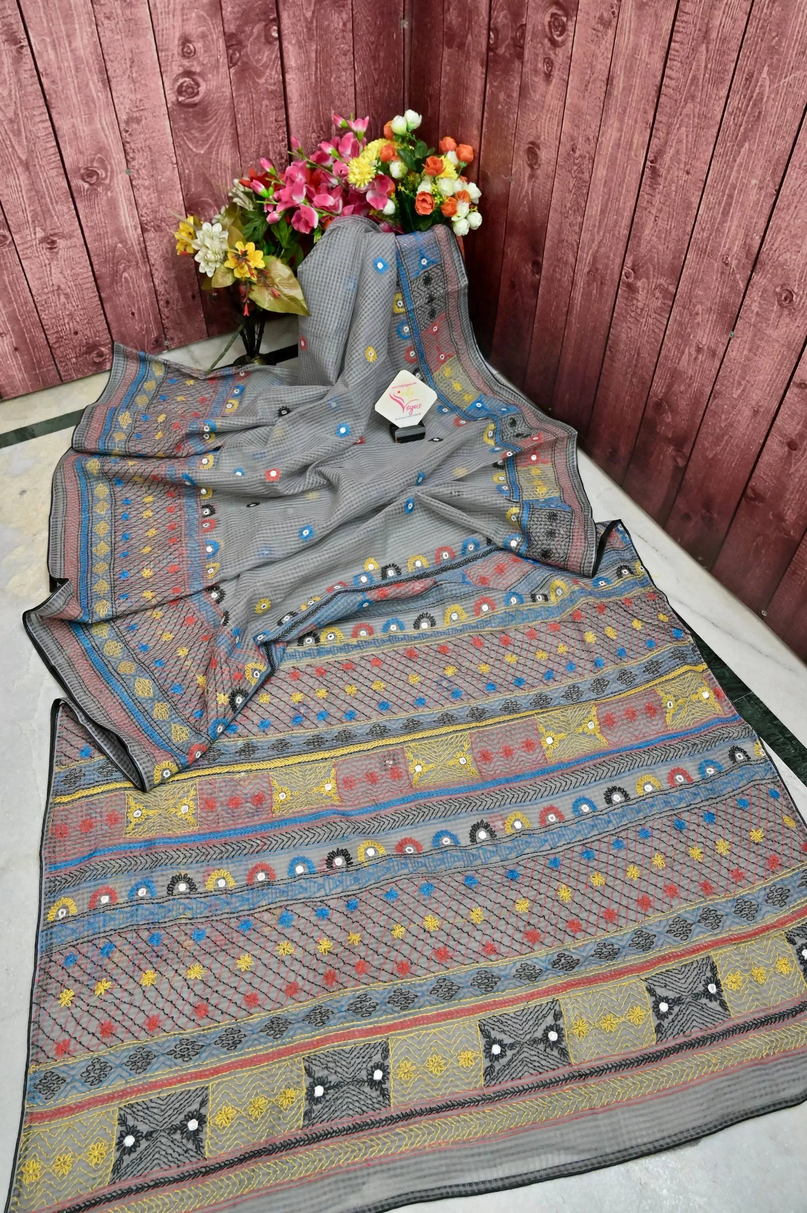 Grey Color Resham Kota Saree with Hand Lambani and Mirror Work