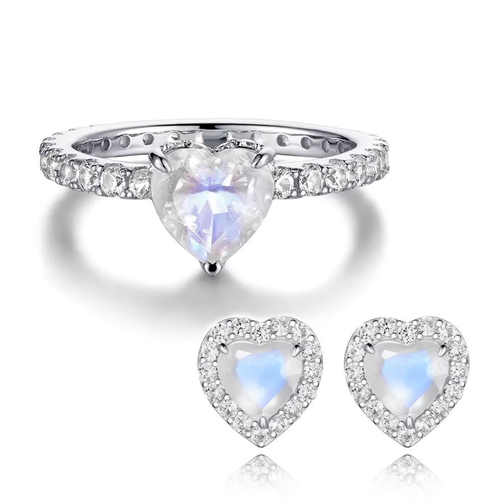 Heart-Shape Moonstone Ring & Earrings Set With White Sapphire