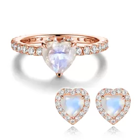 Heart-Shape Moonstone Ring & Earrings Set With White Sapphire