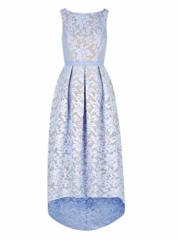 High Low Bateau Sleeveless Light Sky Blue Lace Bridesmaid Dress