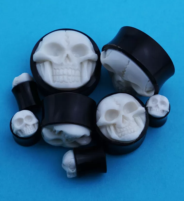 Horn Plugs With Carved Bone Skull Inlay