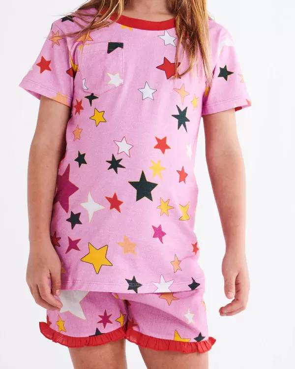 Kip & Co Festive Star Organic Cotton SS Tee & Frill Short Girls PJ Set