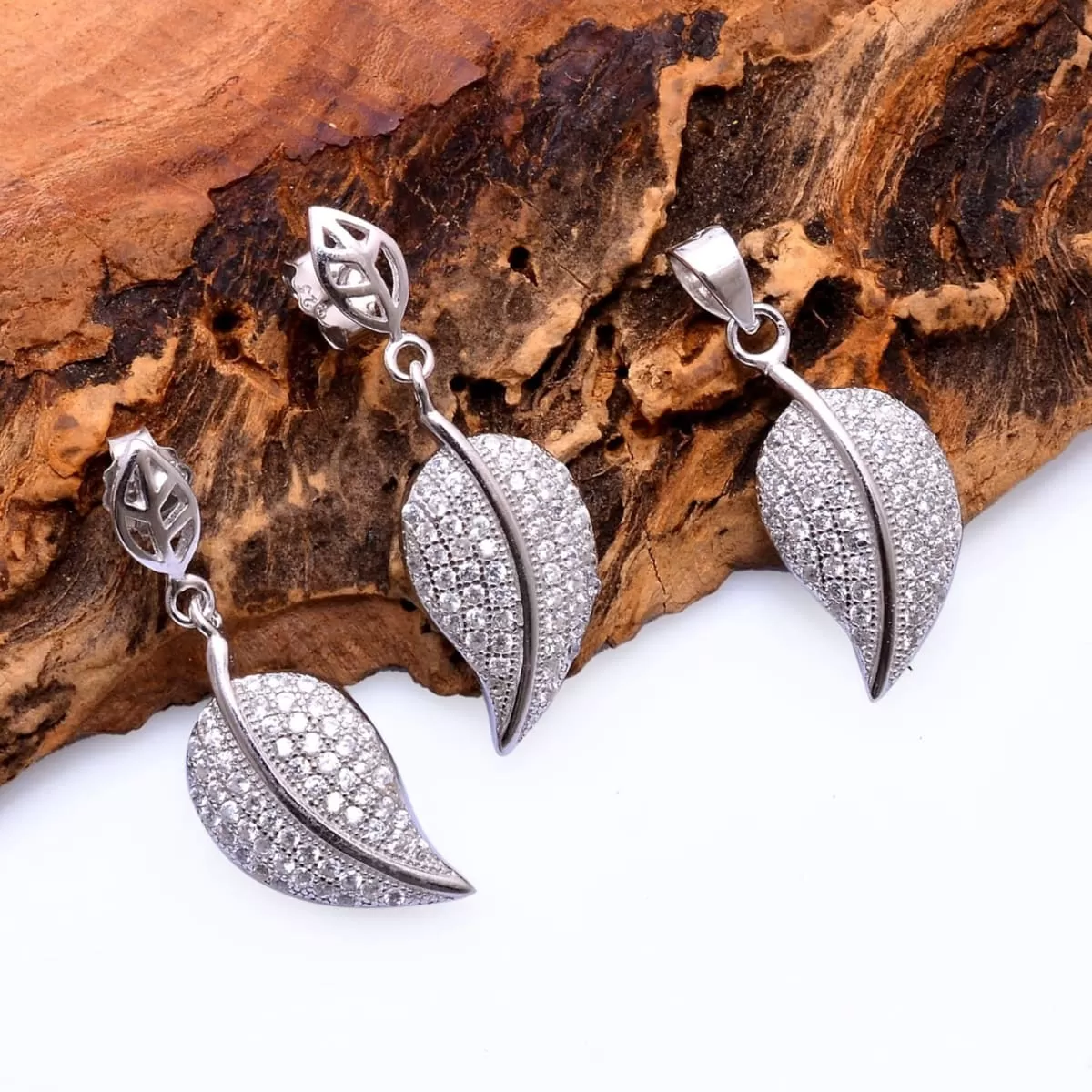 Leaf Design Zircon Gemstone 925 Sterling Silver Pendant Earrings Handmade Pendant Set