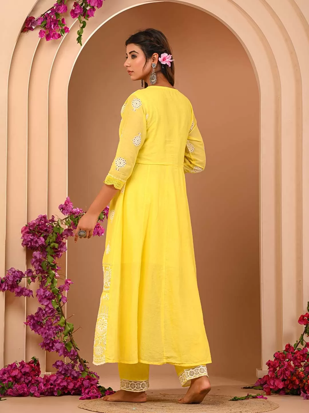 Lemon Cotton Mul Embroidered Kurta with Pant and Dupatta