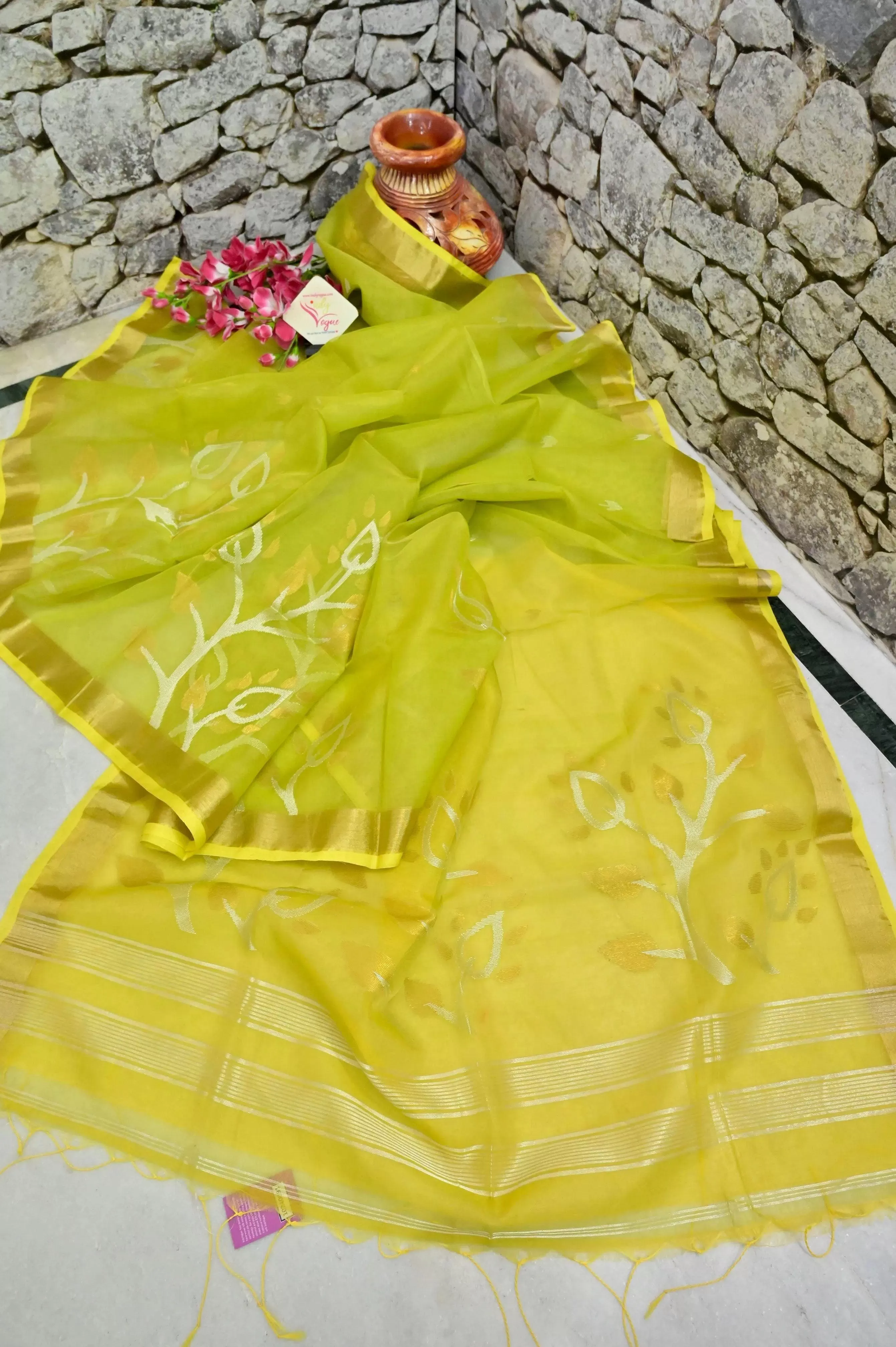 Light Yellow and Green Color Muslin Jamdani Saree with Jamdani Weaving and Zari Work