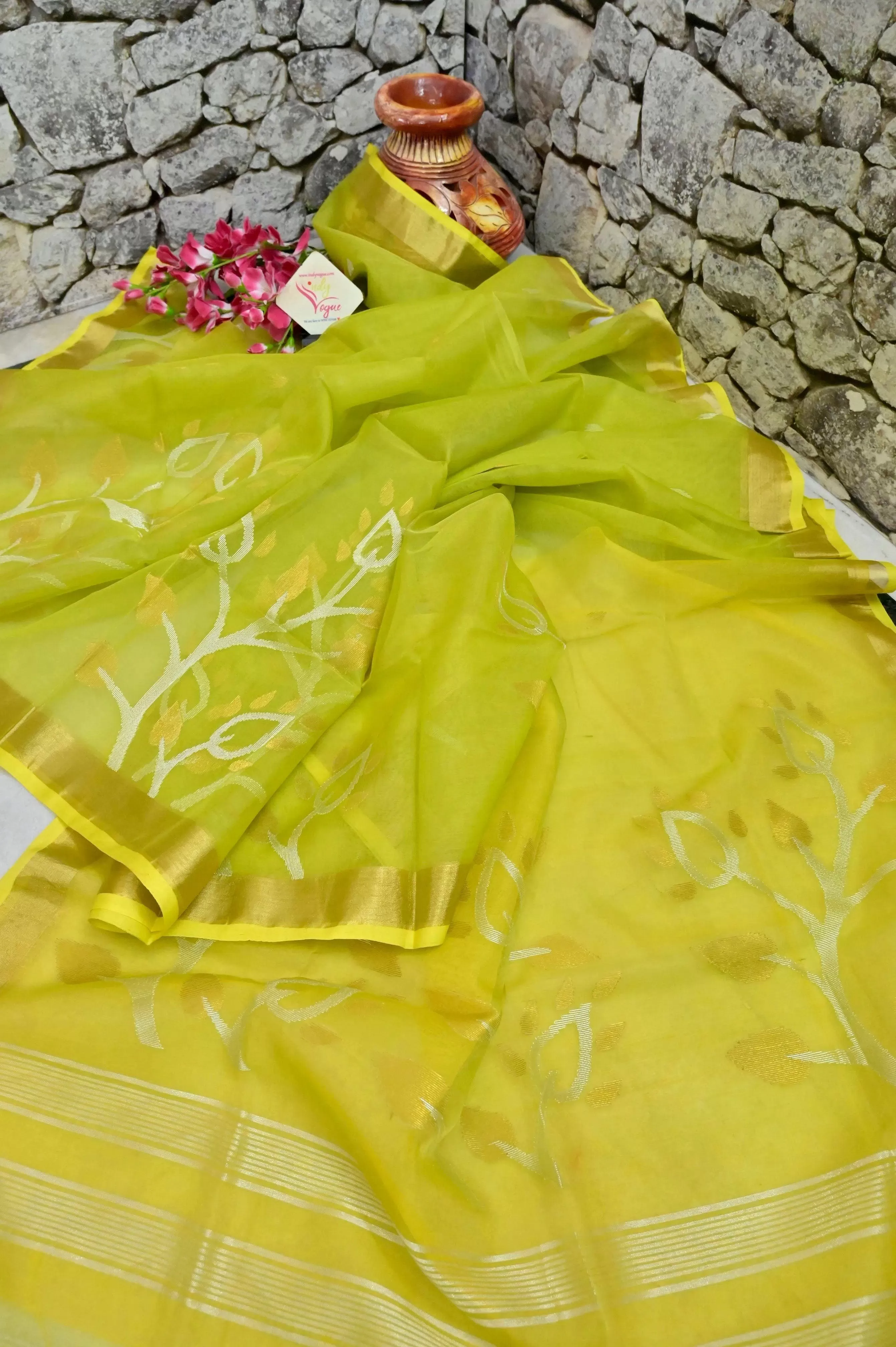 Light Yellow and Green Color Muslin Jamdani Saree with Jamdani Weaving and Zari Work