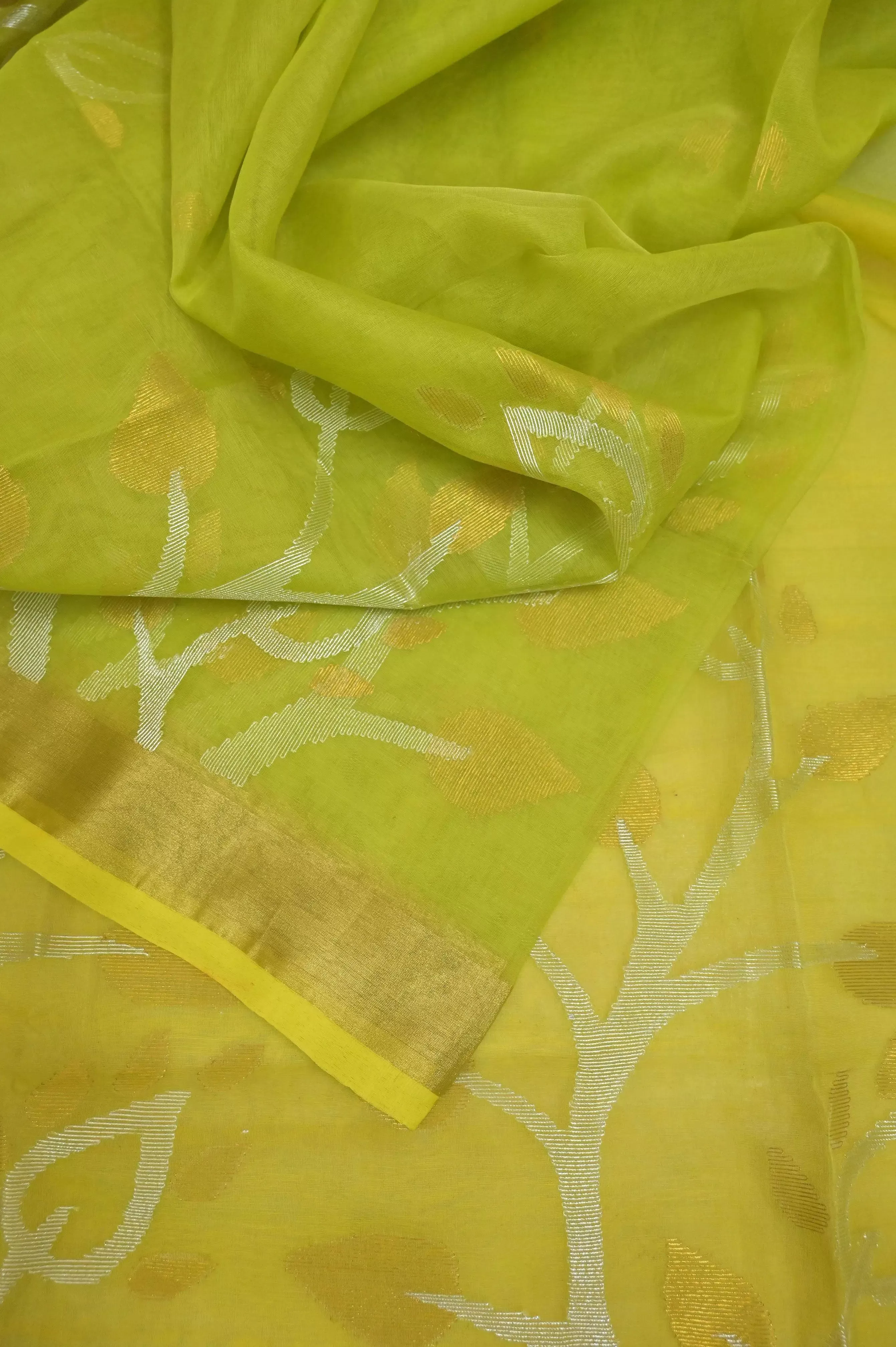 Light Yellow and Green Color Muslin Jamdani Saree with Jamdani Weaving and Zari Work