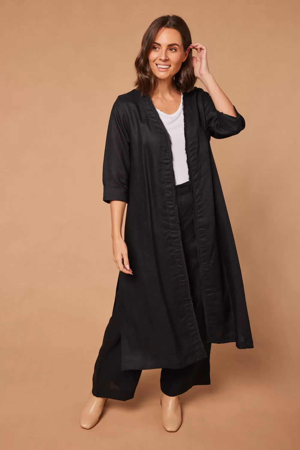 Long Line Fringed Linen Duster Jacket in Black