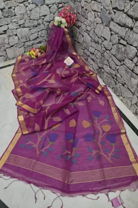 Magenta Color Muslin Jamdani Saree with Allover Weaving