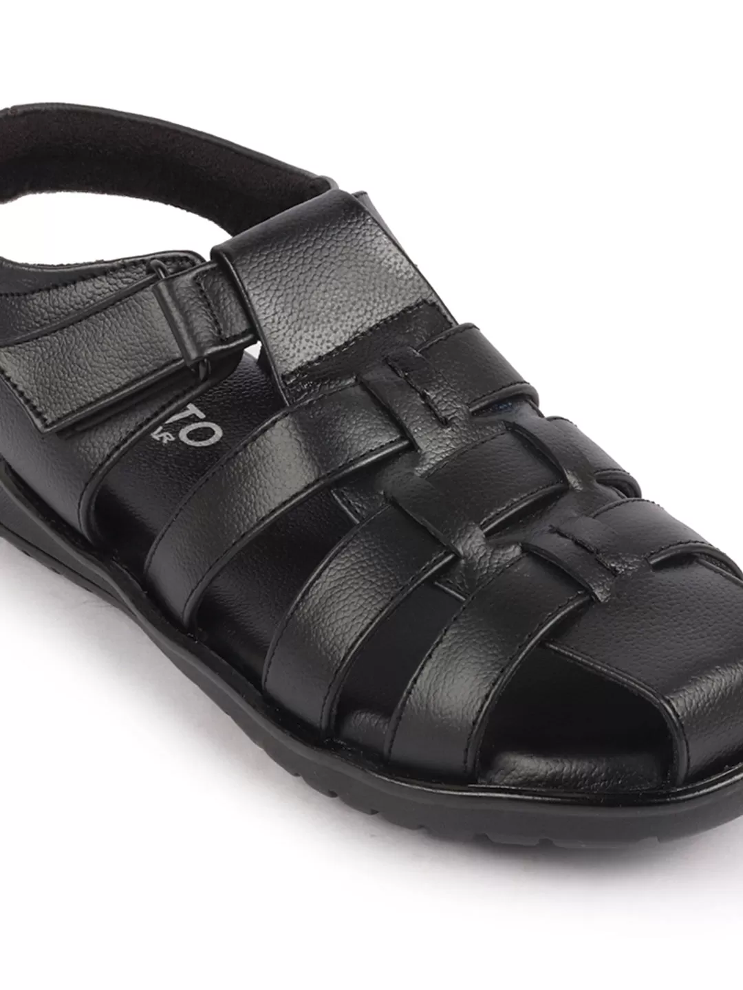 Men Black Genuine Leather Multi Strap Closed Toe Roman Sandals