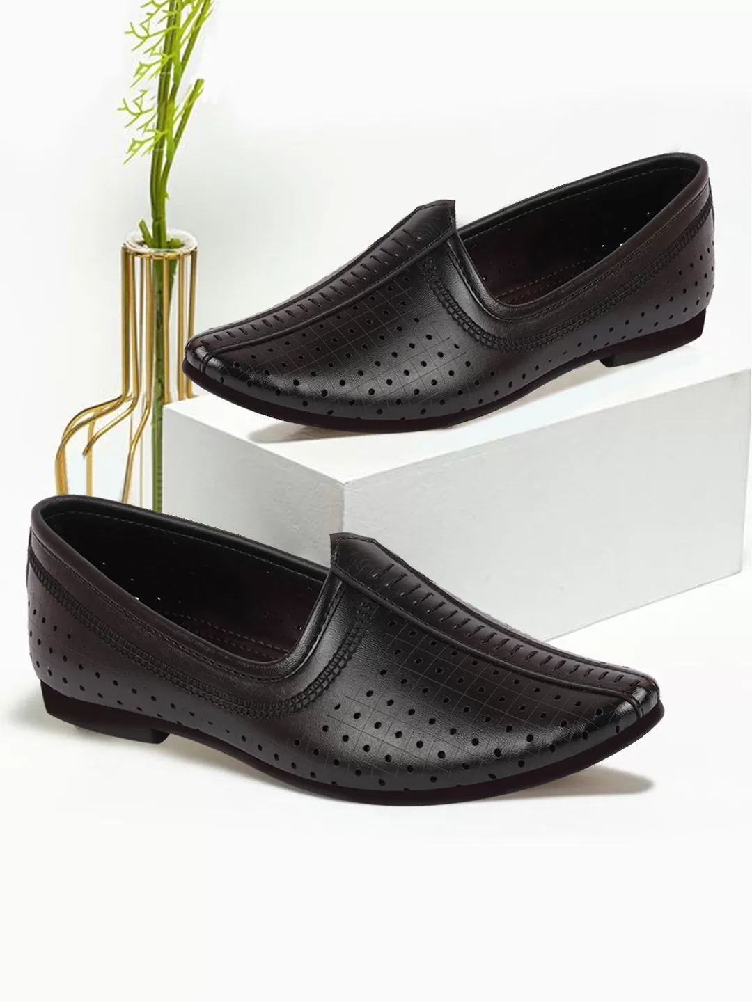 Men Black Laser Cut Design Stitched Ethnic Party Slip On Juttis and Mojaris