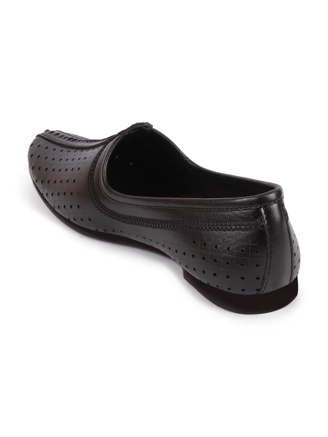 Men Black Laser Cut Design Stitched Ethnic Party Slip On Juttis and Mojaris