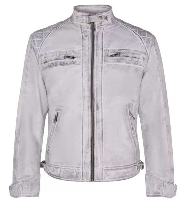 Men’s Biker Vintage Distressed White Leather Jacket with Embossed Skull