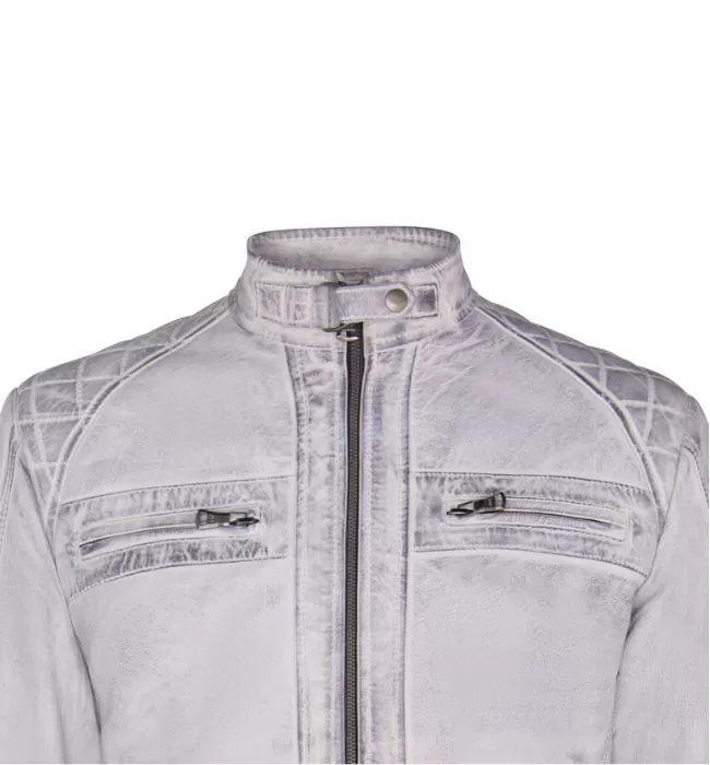 Men’s Biker Vintage Distressed White Leather Jacket with Embossed Skull