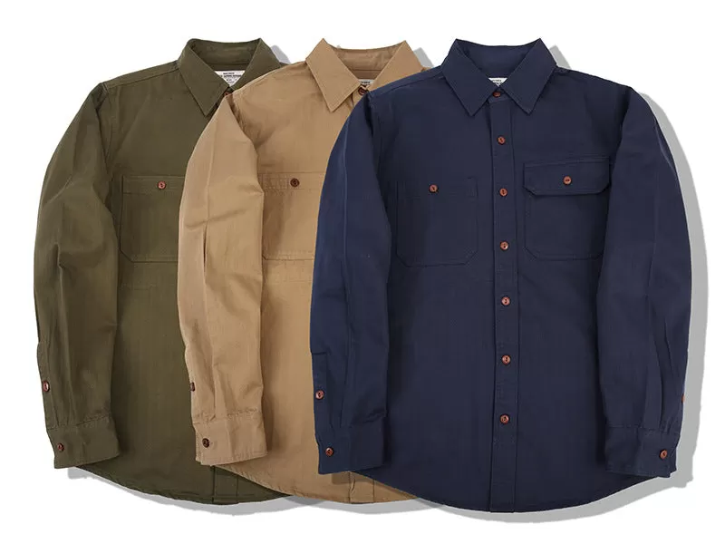 Men's casual solid color herringbone workwear long-sleeved shirt