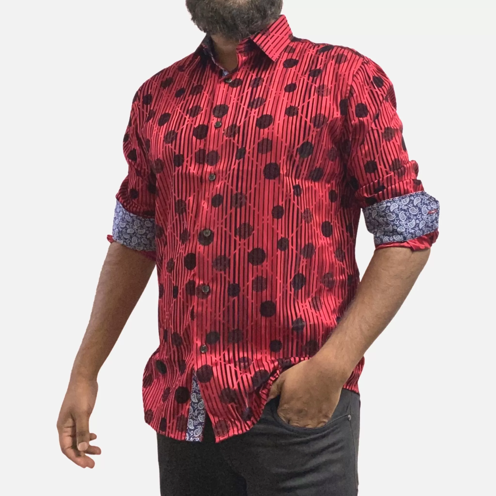 Men's Slim Fit Red Button-Up Shirt with Black Dot and Stripe Flocking Designer