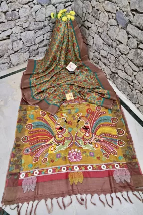 Multicolor Tussar Silk with Kalamkari Work and Kantha Stitch