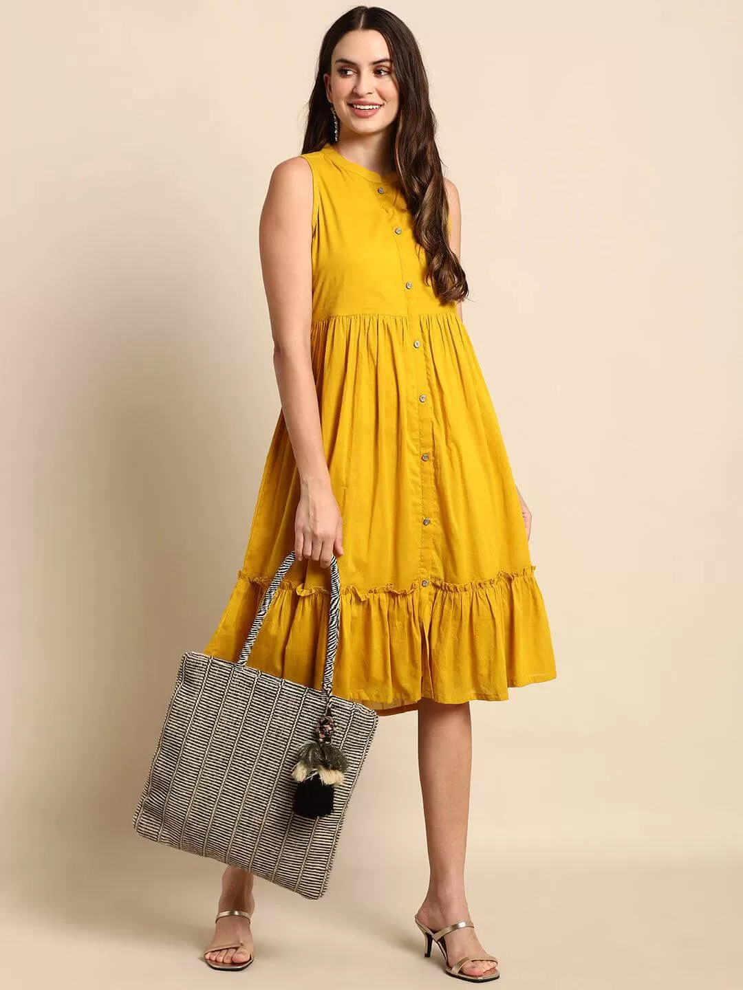 Mustard Cotton Solid Flared Western Dress