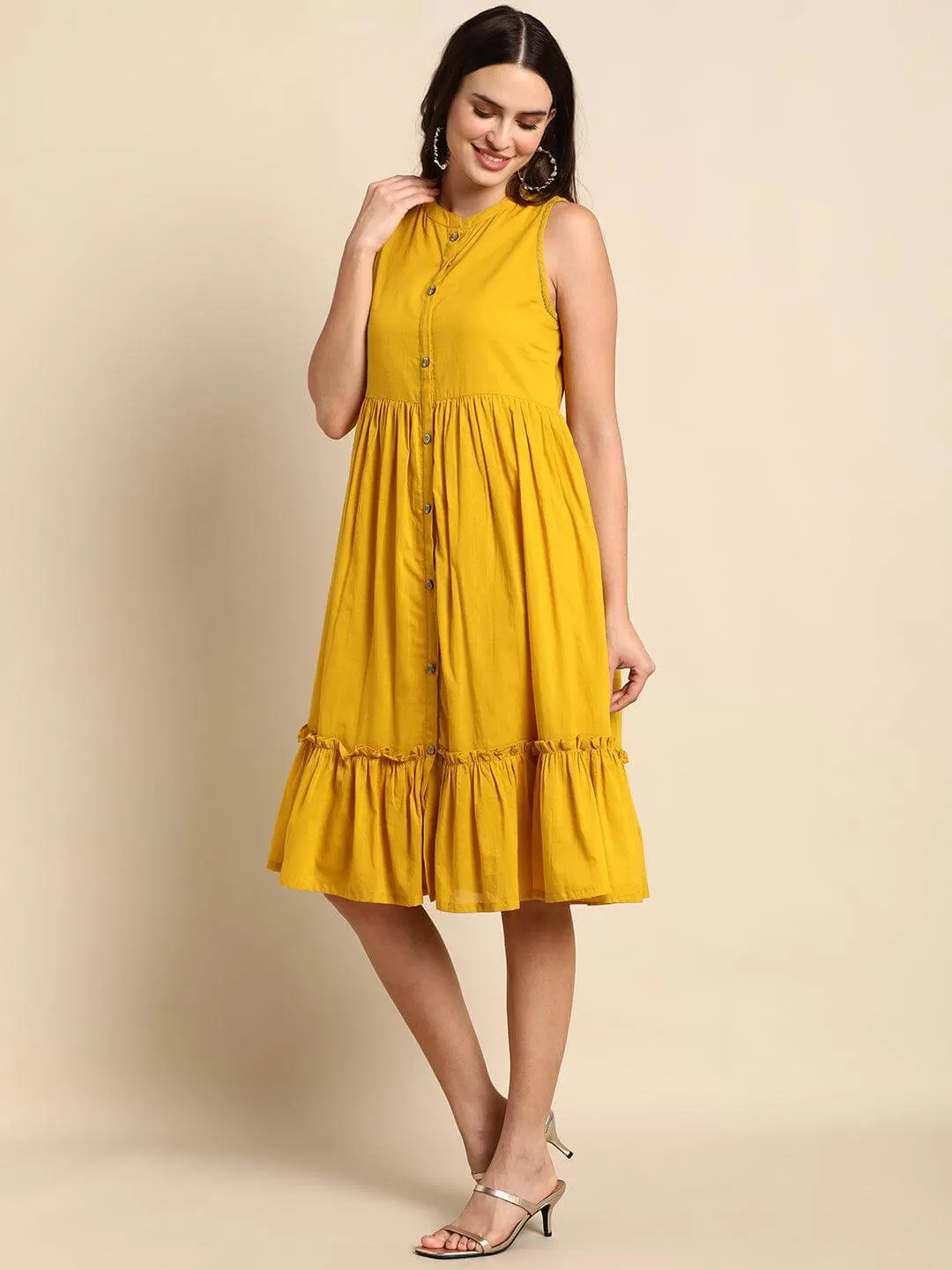 Mustard Cotton Solid Flared Western Dress