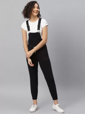 NaughtyDungaree® Jet-Black Cotton Jersey Women Dungaree with Contrast String on Waist