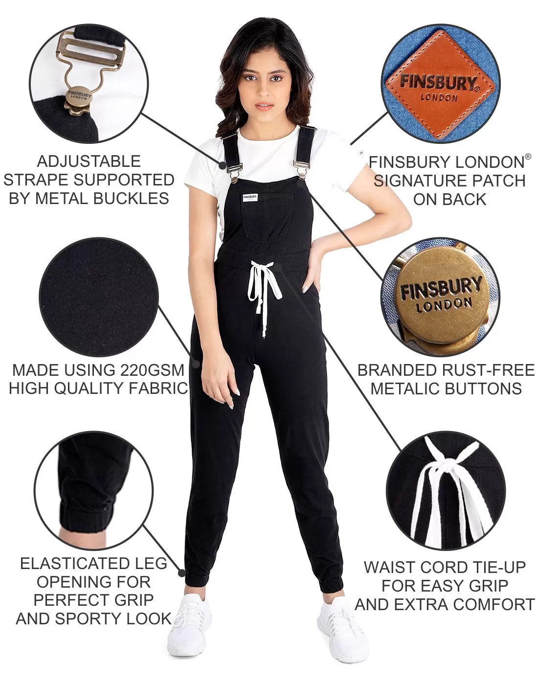 NaughtyDungaree® Jet-Black Cotton Jersey Women Dungaree with Contrast String on Waist