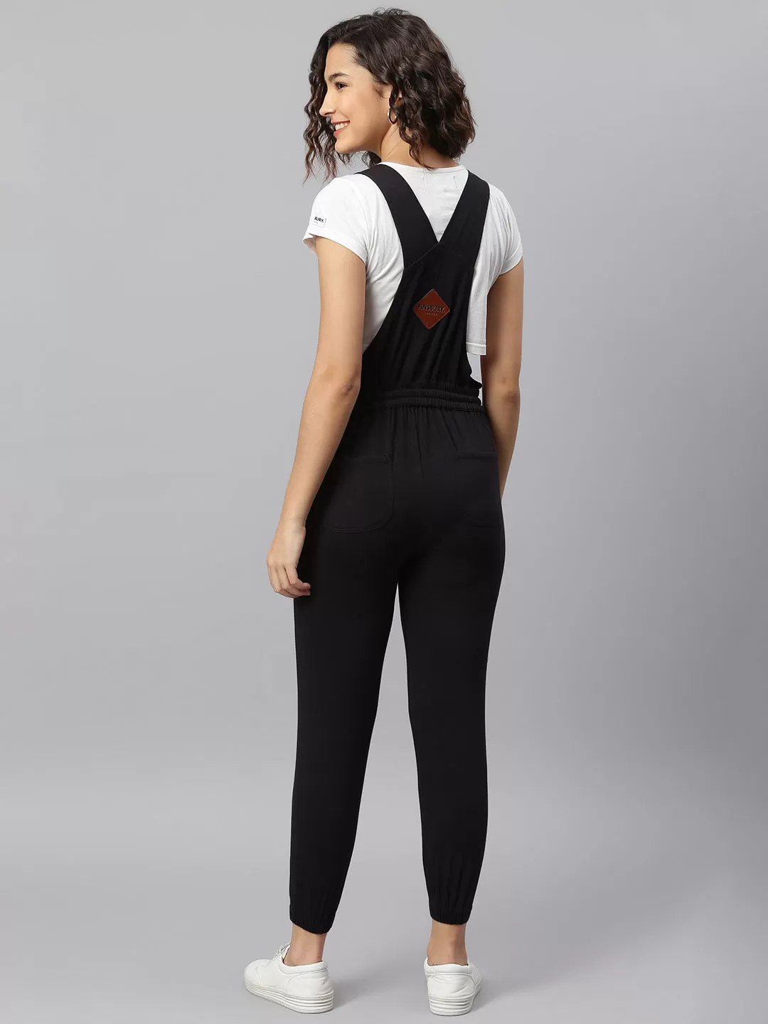 NaughtyDungaree® Jet-Black Cotton Jersey Women Dungaree with Contrast String on Waist