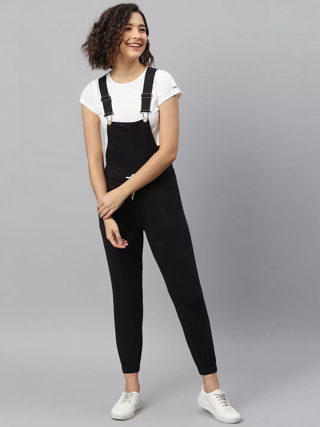 NaughtyDungaree® Jet-Black Cotton Jersey Women Dungaree with Contrast String on Waist