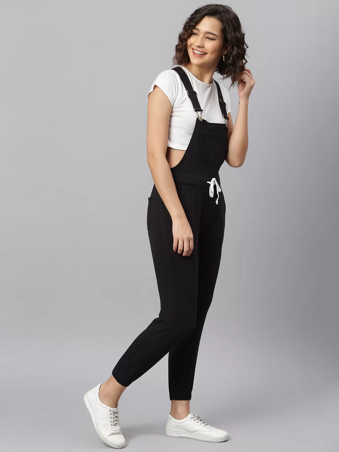 NaughtyDungaree® Jet-Black Cotton Jersey Women Dungaree with Contrast String on Waist