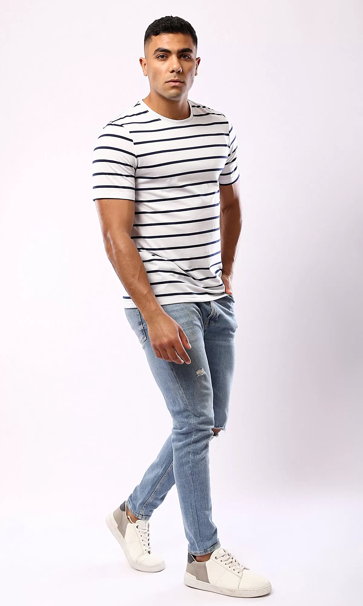 O179350 Striped Black & White Short Sleeves Casual Tee