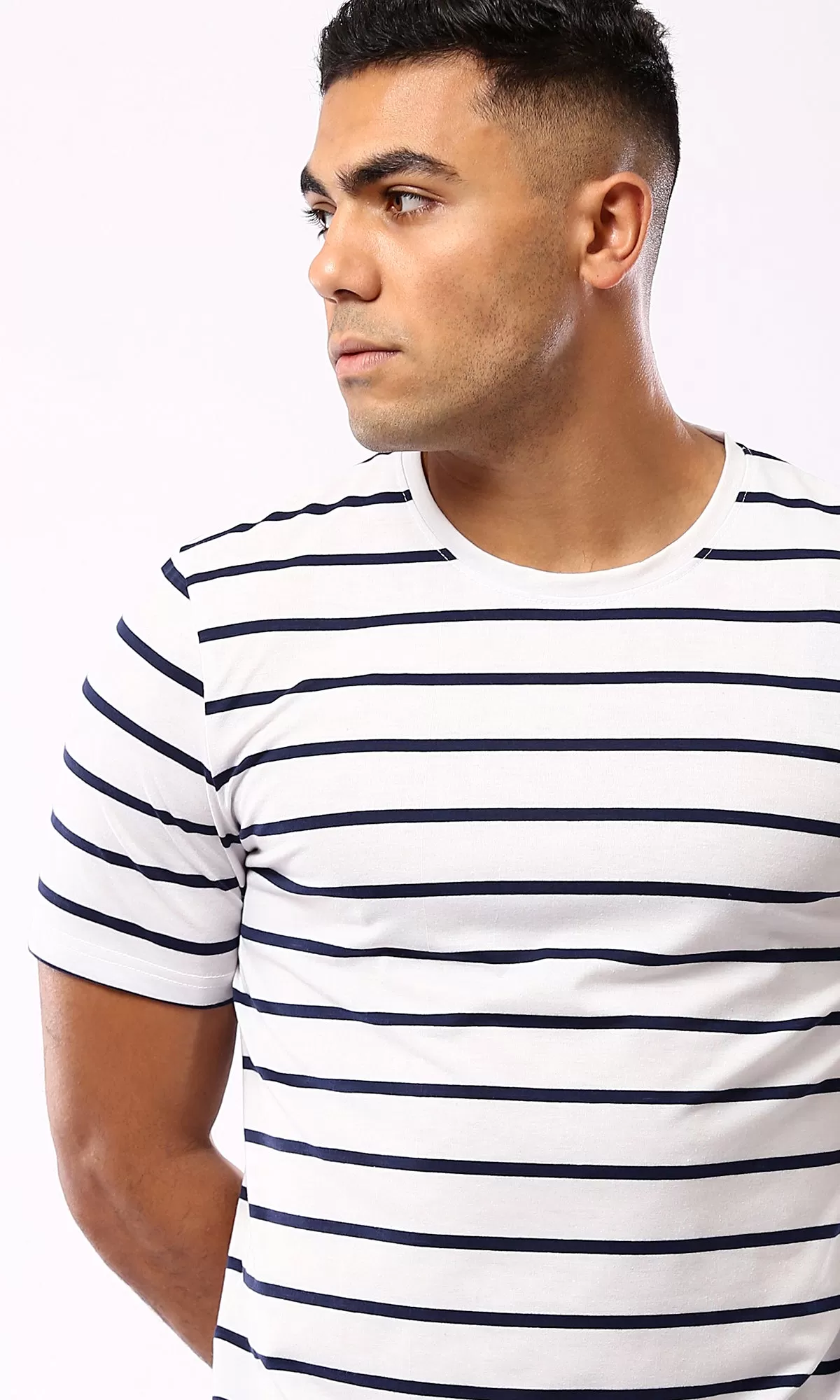 O179350 Striped Black & White Short Sleeves Casual Tee