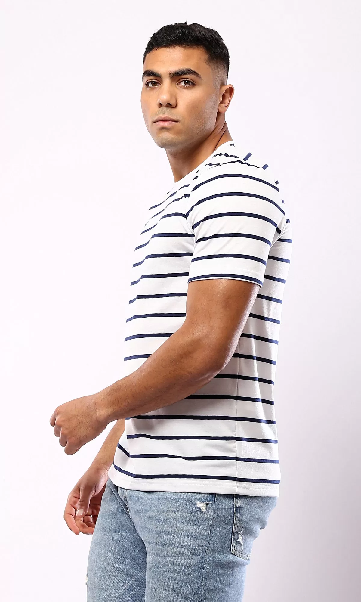 O179350 Striped Black & White Short Sleeves Casual Tee