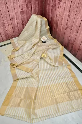 Offwhite and Golden Color Pure Chanderi Banarasi with Allover Stripes