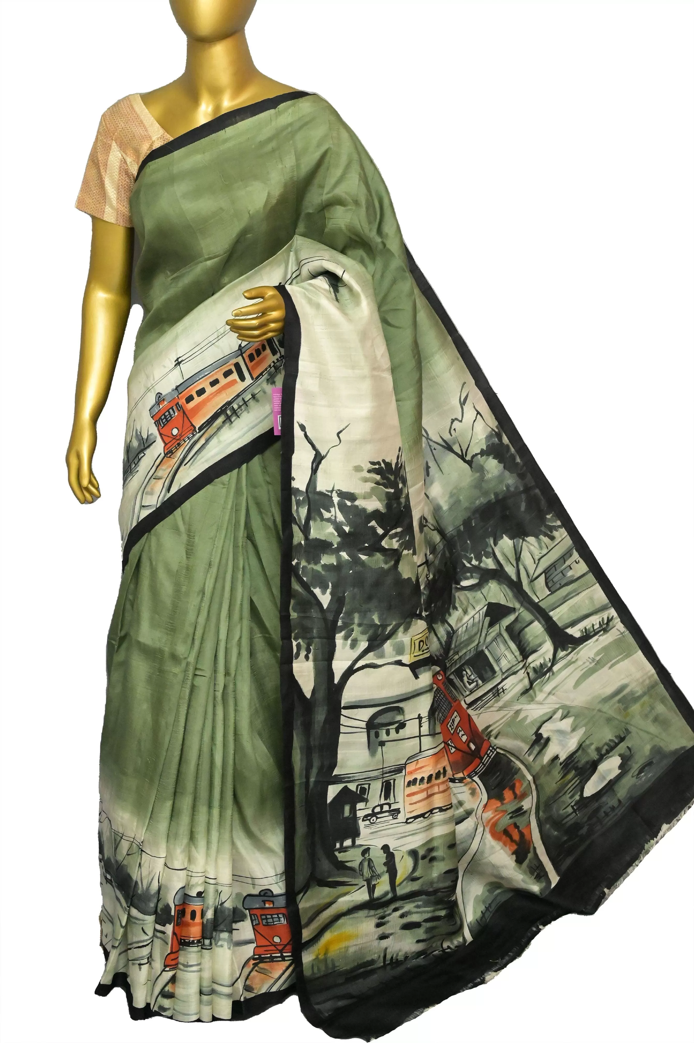 Offwhite and Green Color Bishnupur Katan Silk Saree with Kolkata Theme Hand Painted Work