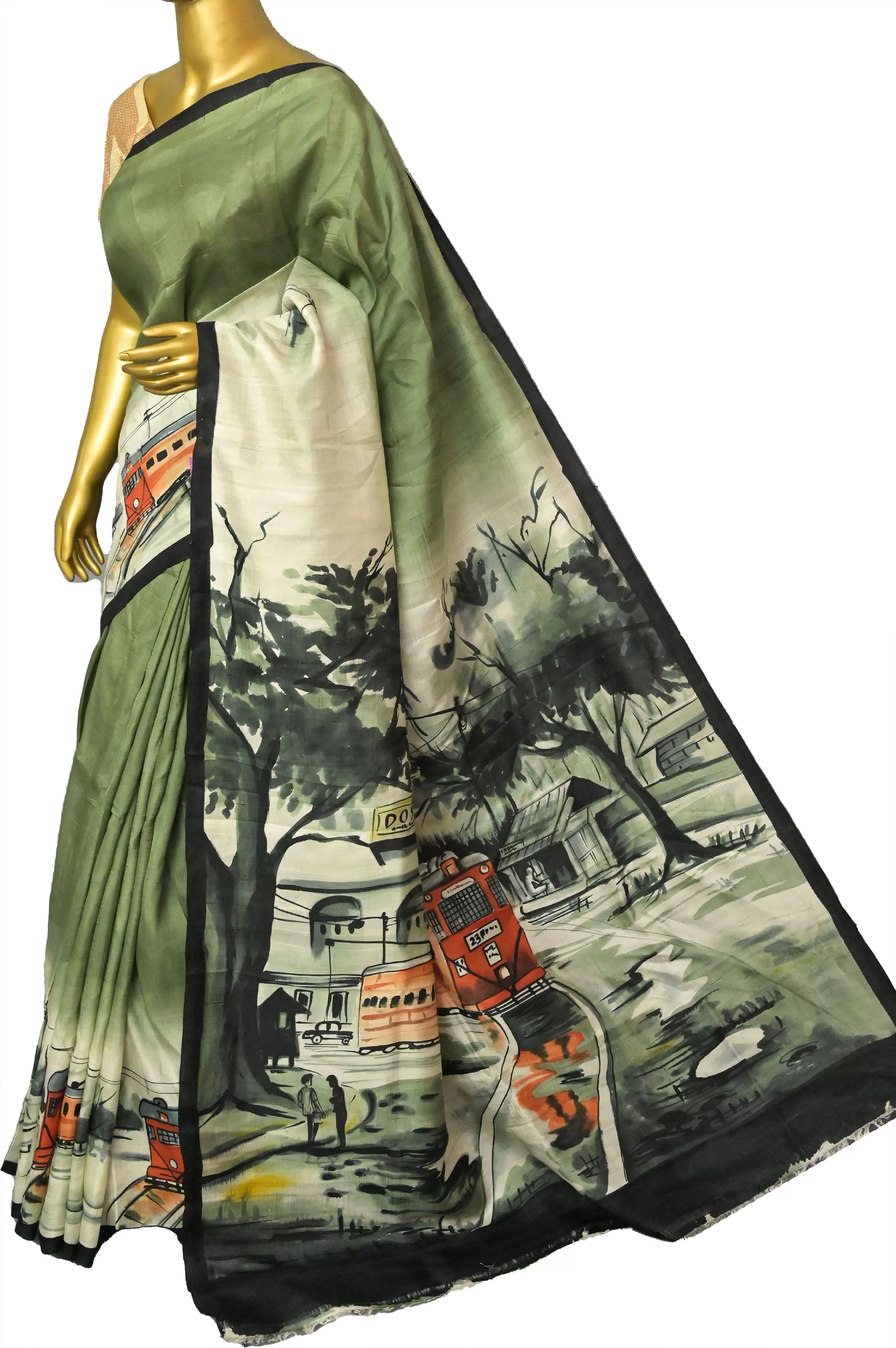 Offwhite and Green Color Bishnupur Katan Silk Saree with Kolkata Theme Hand Painted Work