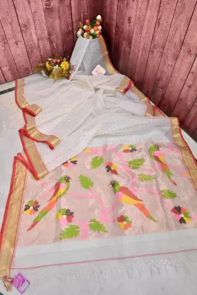 Offwhite Color Muslin jamdani Saree with Allover Sequin Work with Paithani Style Pallu