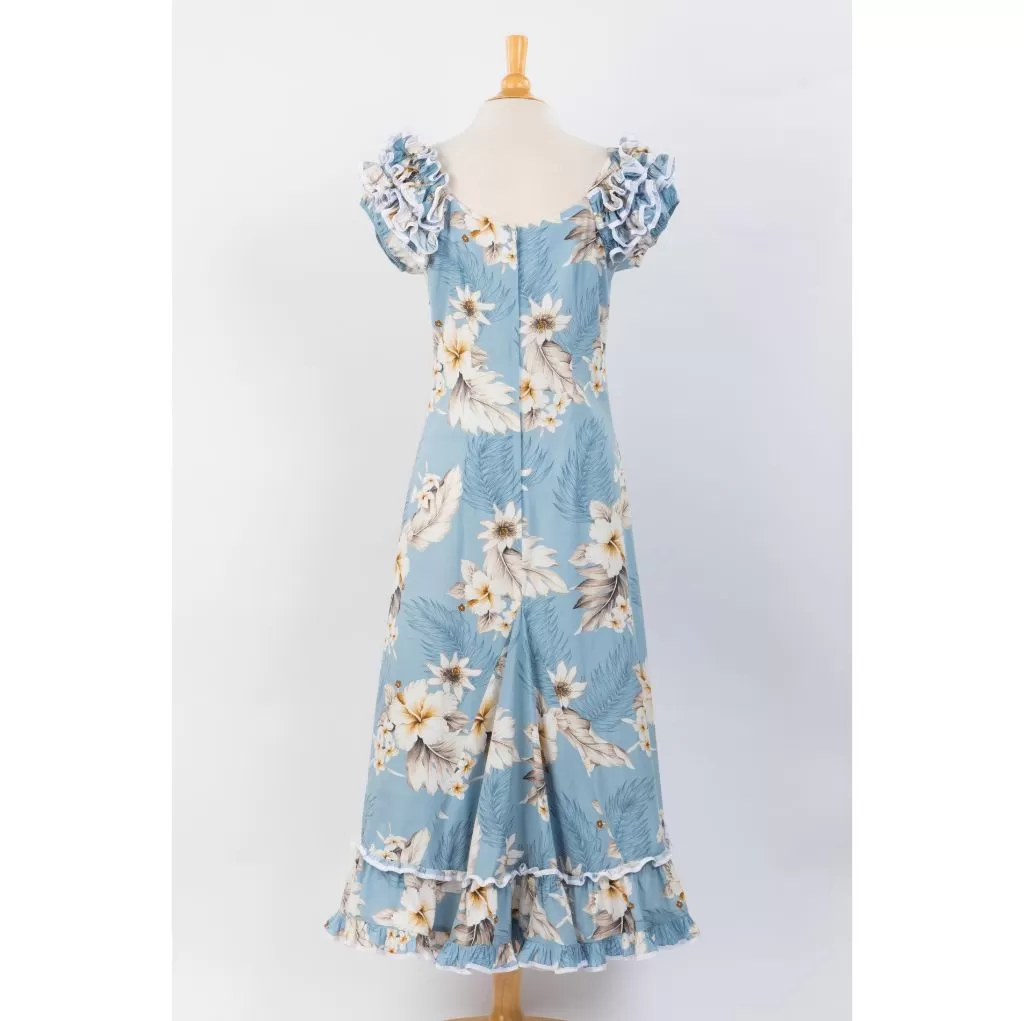 Pastel Blue Hibiscus Print Ruffle Sleeve Dress