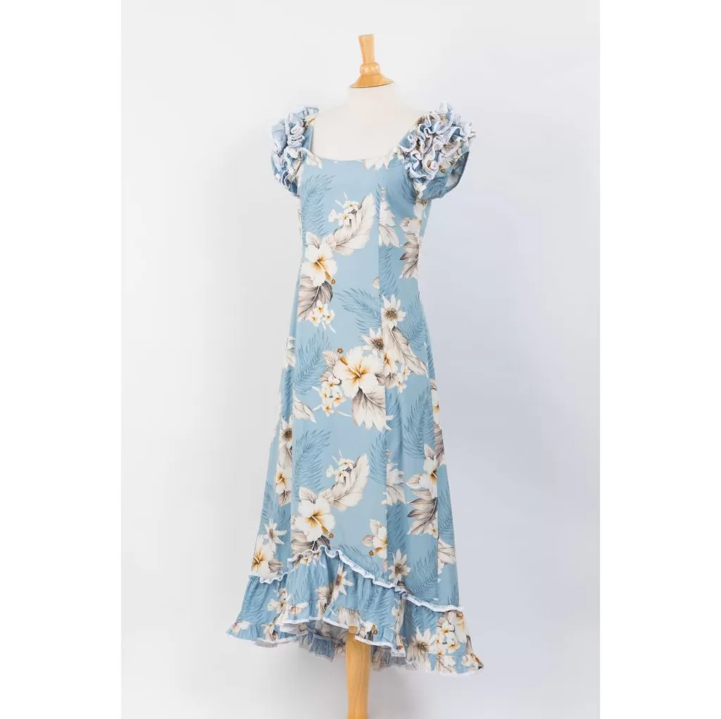 Pastel Blue Hibiscus Print Ruffle Sleeve Dress