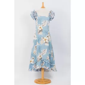 Pastel Blue Hibiscus Print Ruffle Sleeve Dress