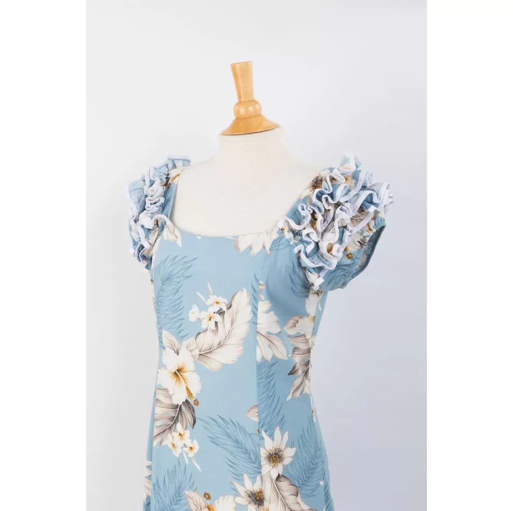 Pastel Blue Hibiscus Print Ruffle Sleeve Dress