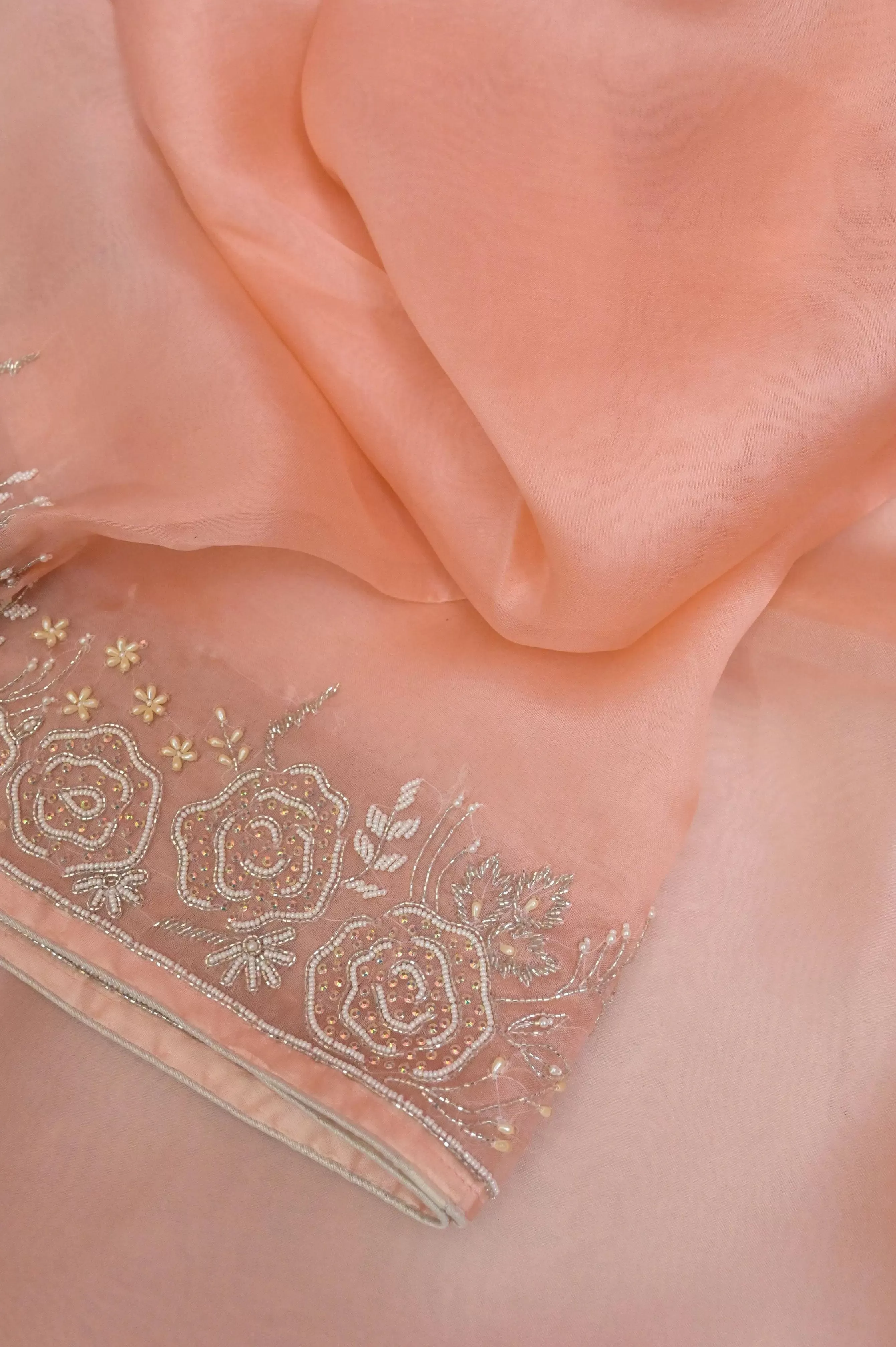 Peach Color Pure Organza with Hand Cutdana, Pearl Embroidery and Sequin Work