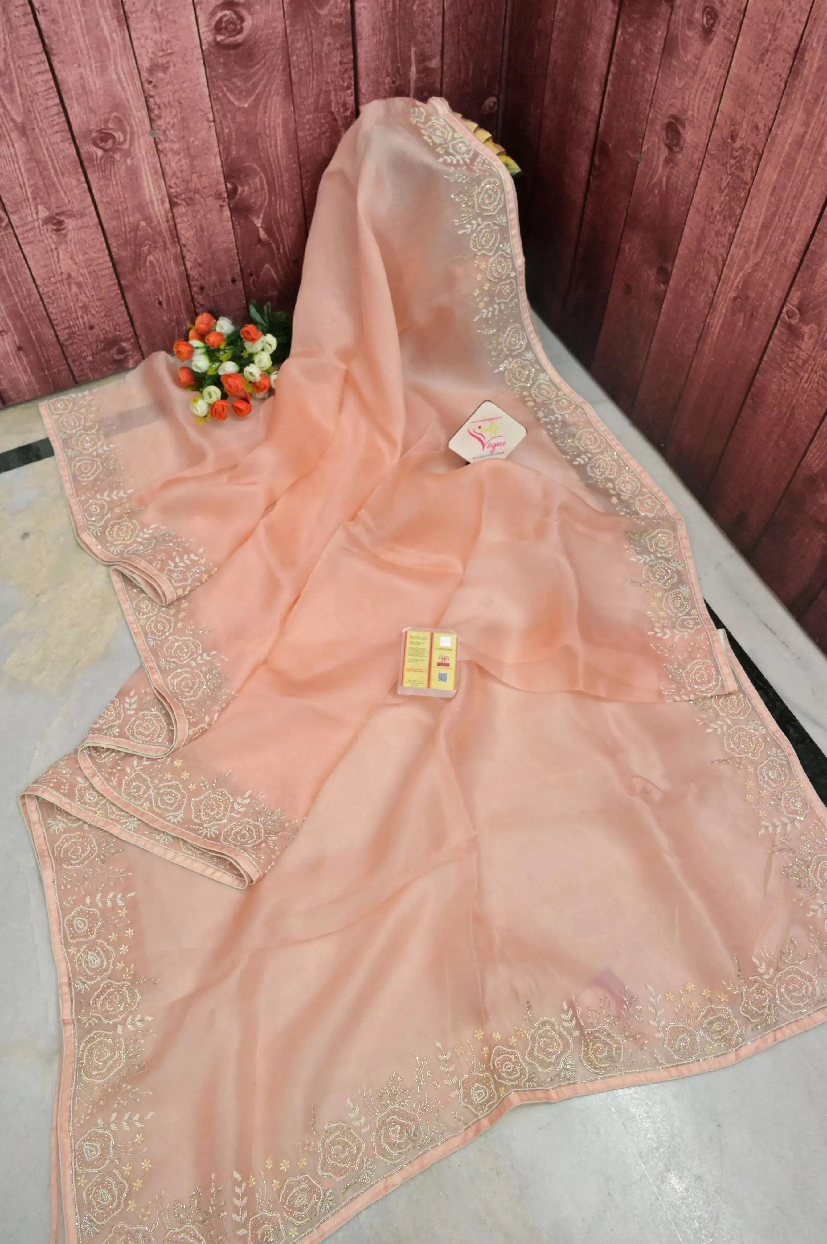 Peach Color Pure Organza with Hand Cutdana, Pearl Embroidery and Sequin Work