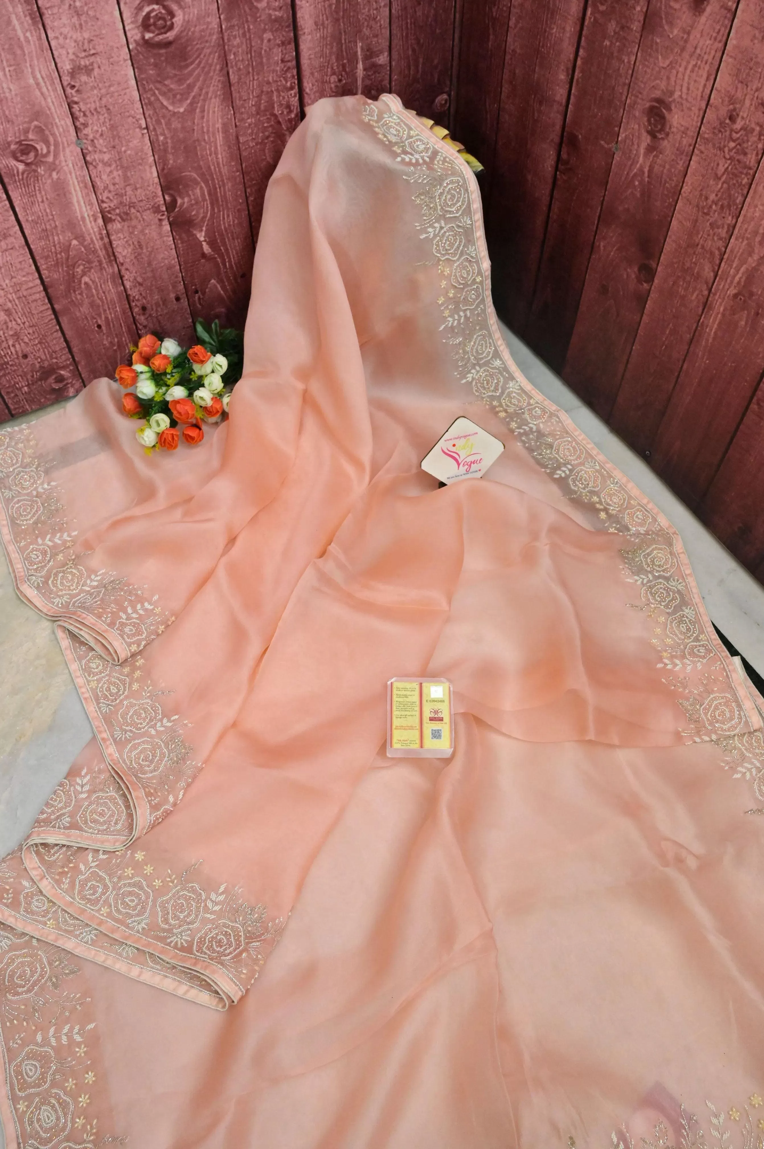 Peach Color Pure Organza with Hand Cutdana, Pearl Embroidery and Sequin Work