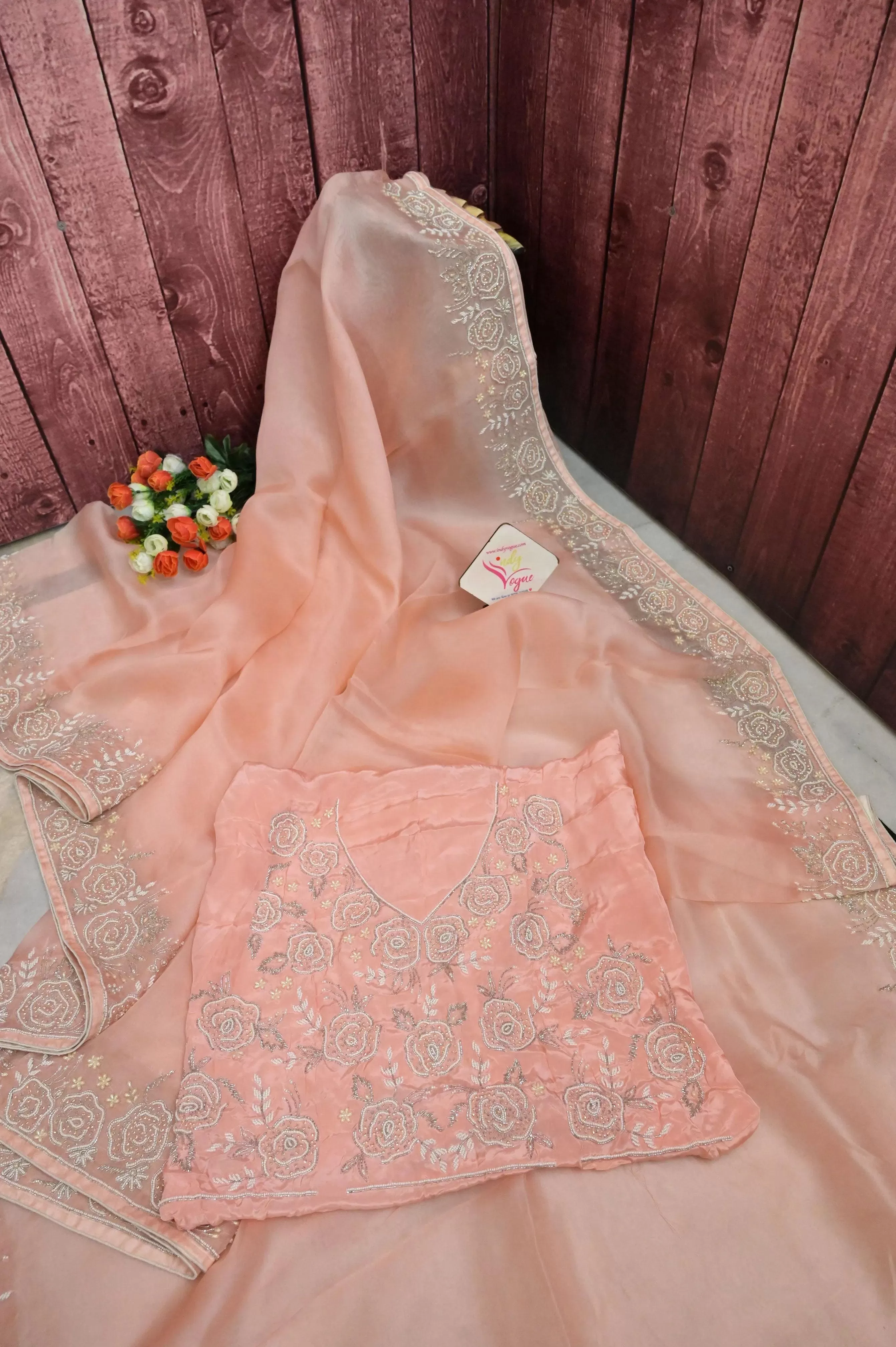 Peach Color Pure Organza with Hand Cutdana, Pearl Embroidery and Sequin Work