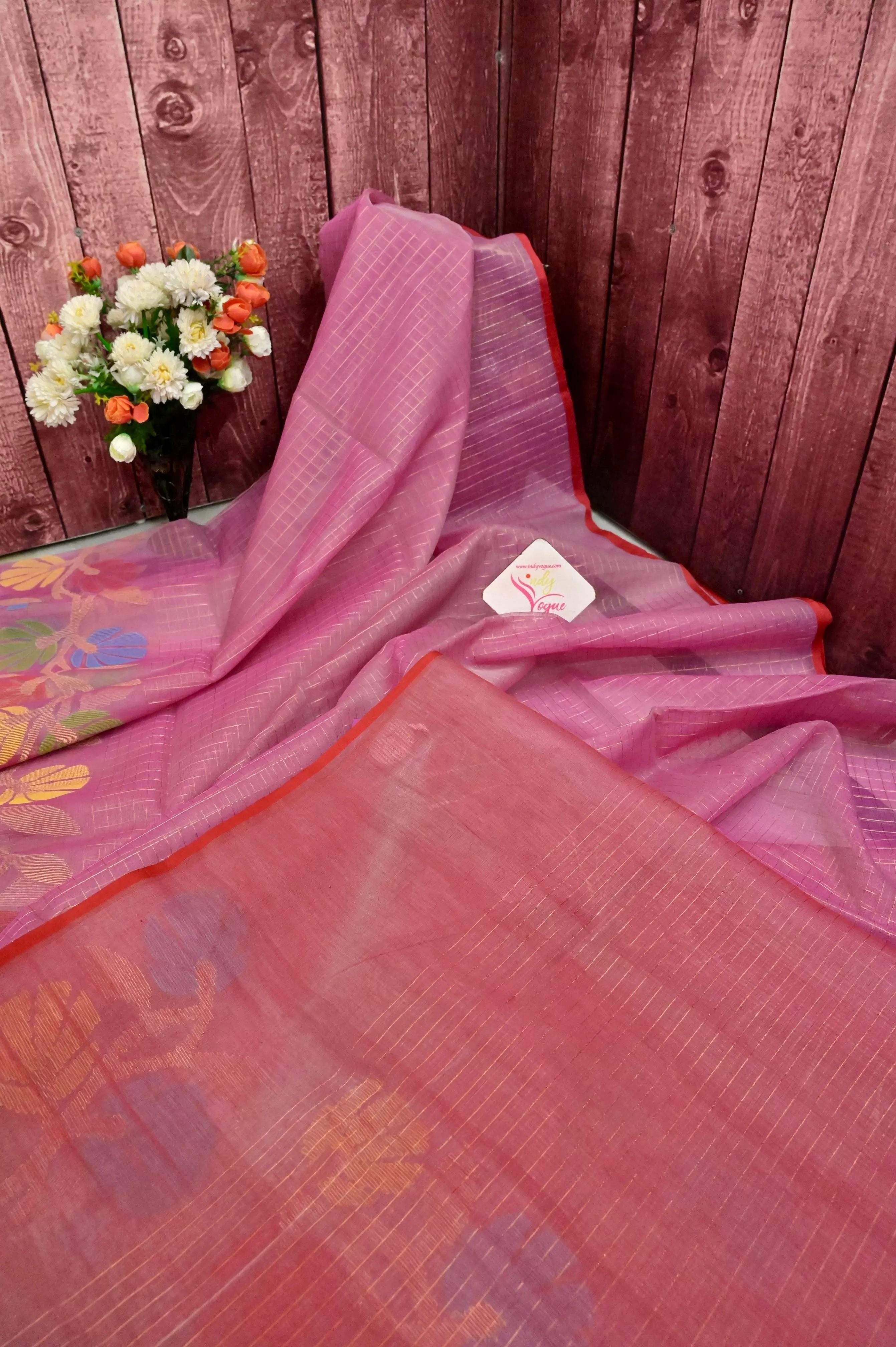 Pink Color Muslin Jamdani Saree with Jamdani Weaving and Allover Zari Checks